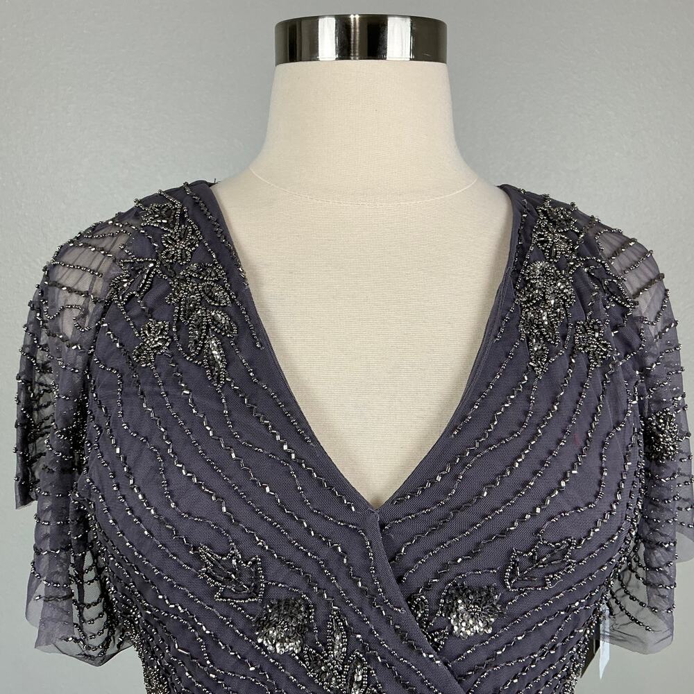 Adrianna Papell Beaded Short Flutter Sleeve Midi Sheath Gown Gray Size 14 Dress - Picture 8 of 13
